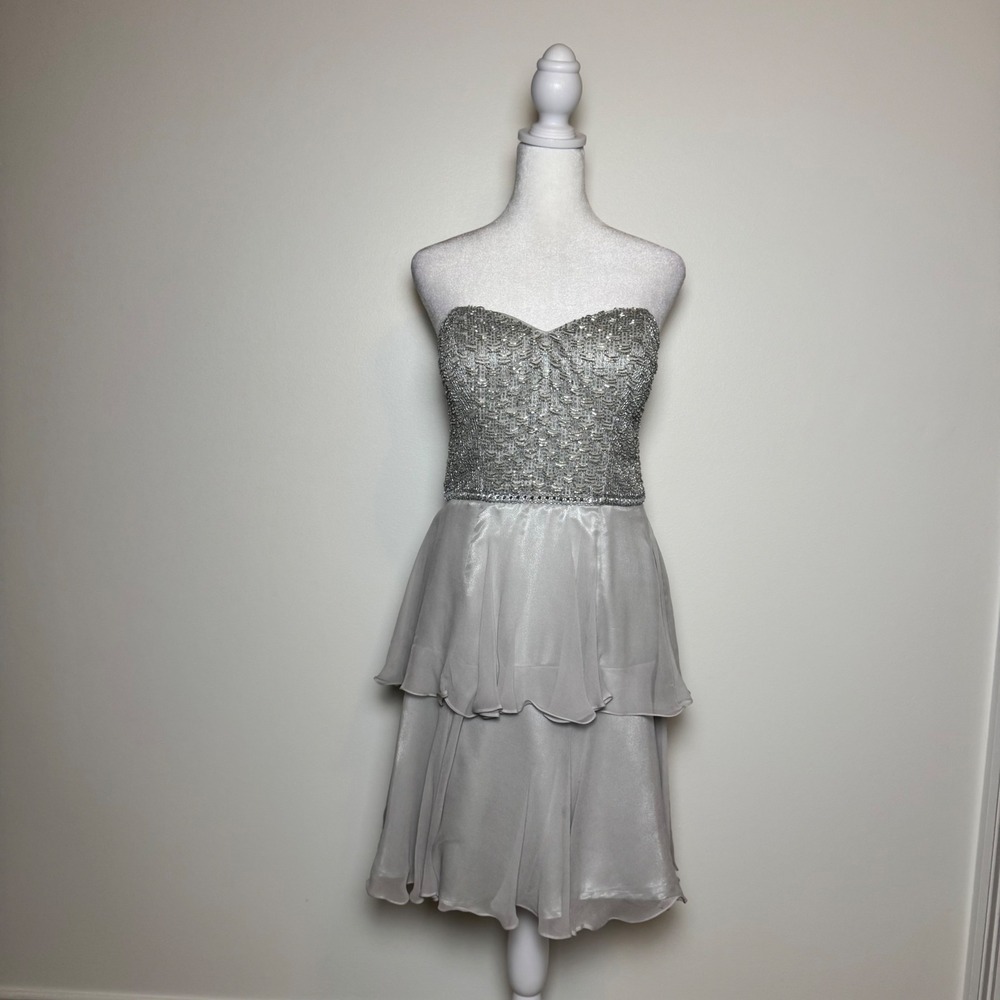 Scala Silk Silver Tiered Beaded Sequin Evening Dress Strapless Size 4 Glam